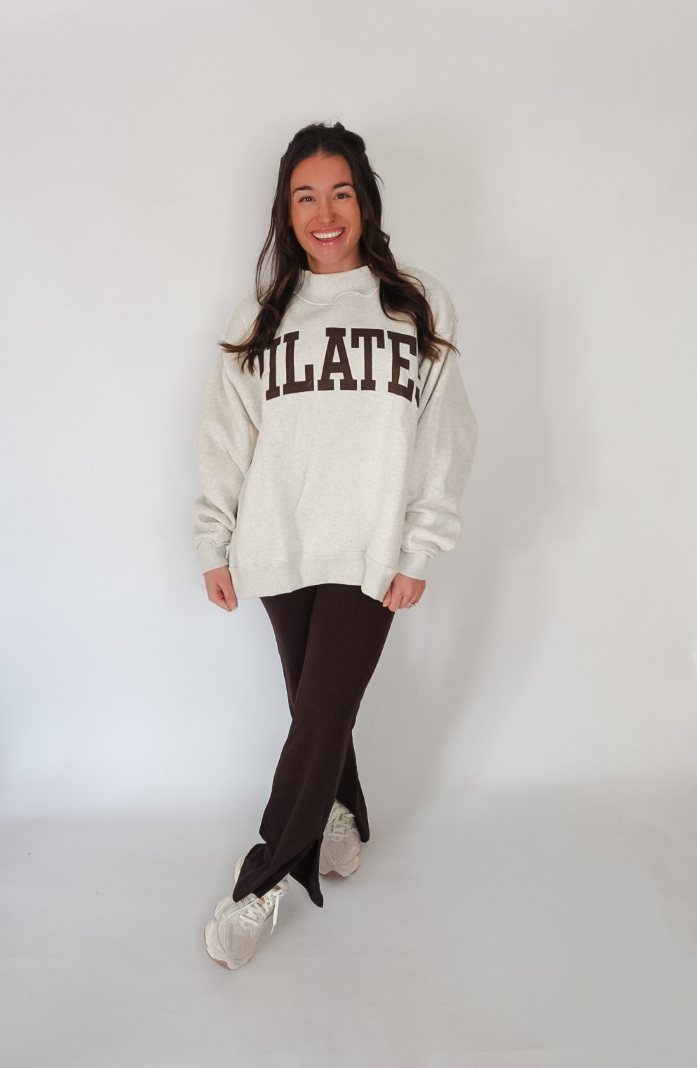 Brown 'PILATES & YOGA' Print Reversible Mockneck Sweatshirt