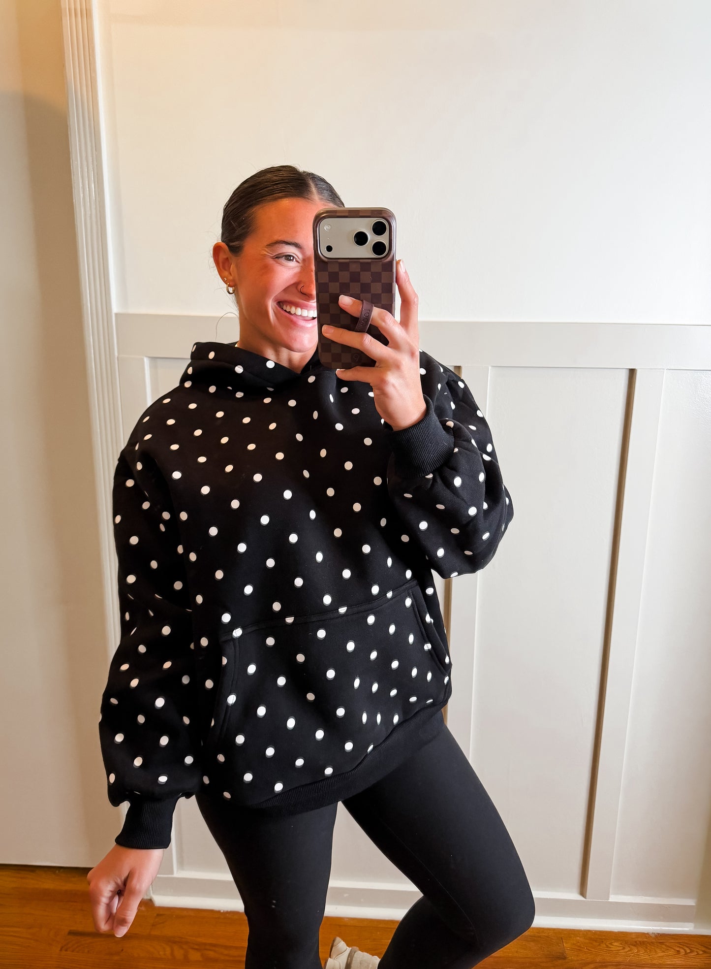 Hoodie in Black with White Polka Dots