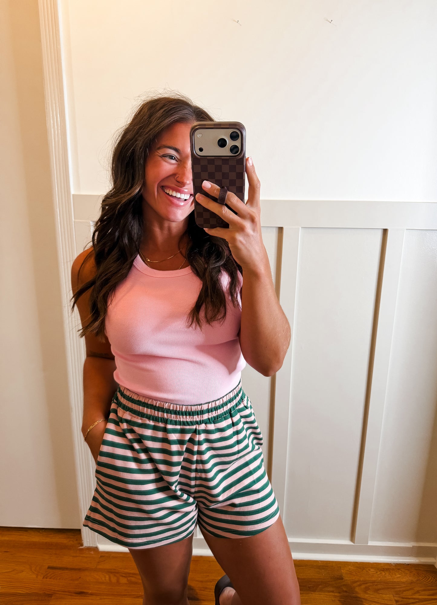 Pink and Olive Striped Knit Shorts