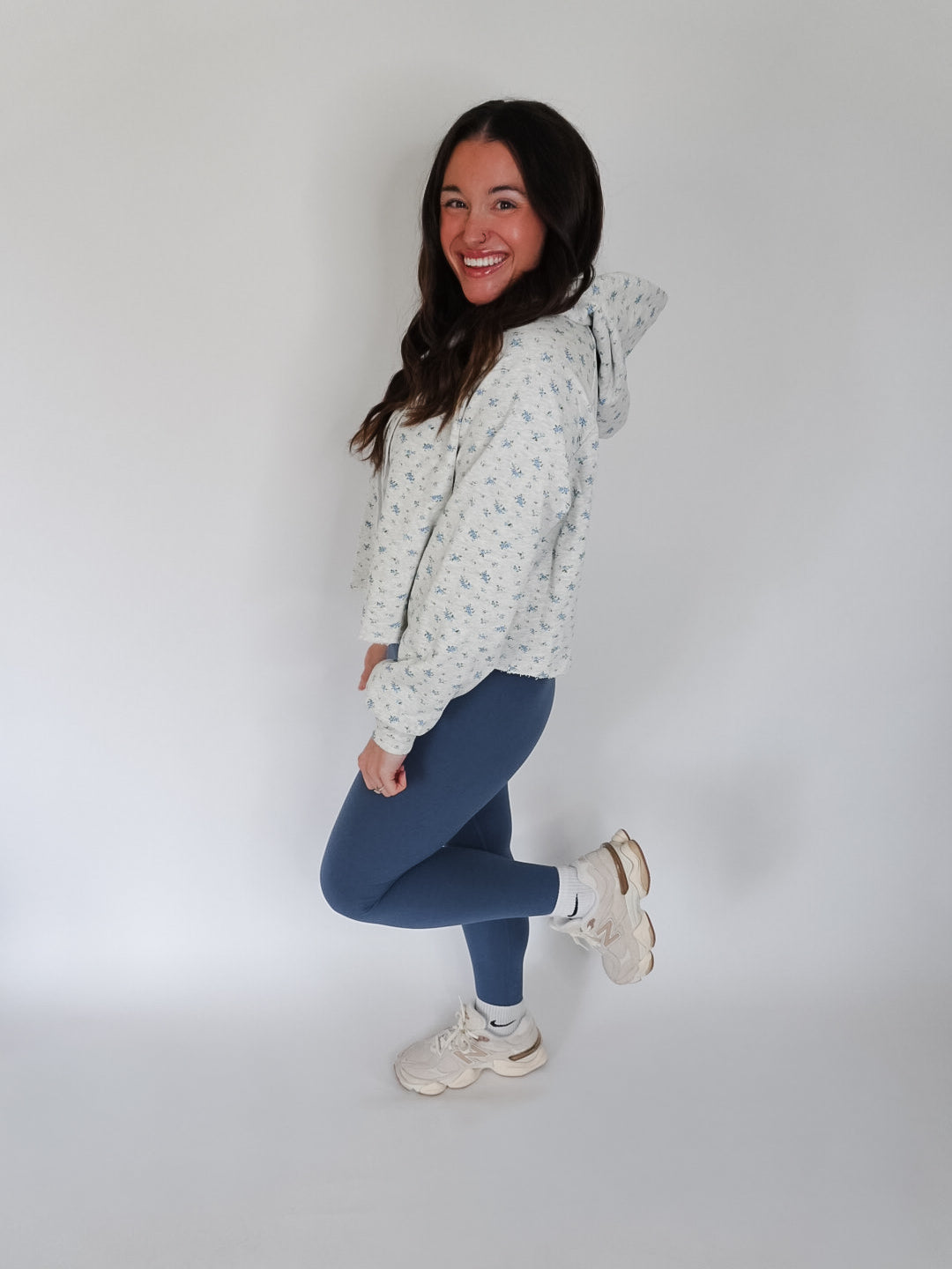 Gray Floral Print Lounge Crop Hoodie