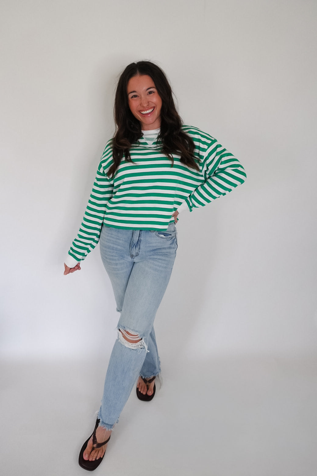 Green & White Contrast Striped Relax Knit top