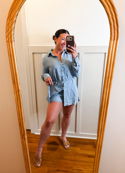 Denim Belted Button-Up Shirt Romper