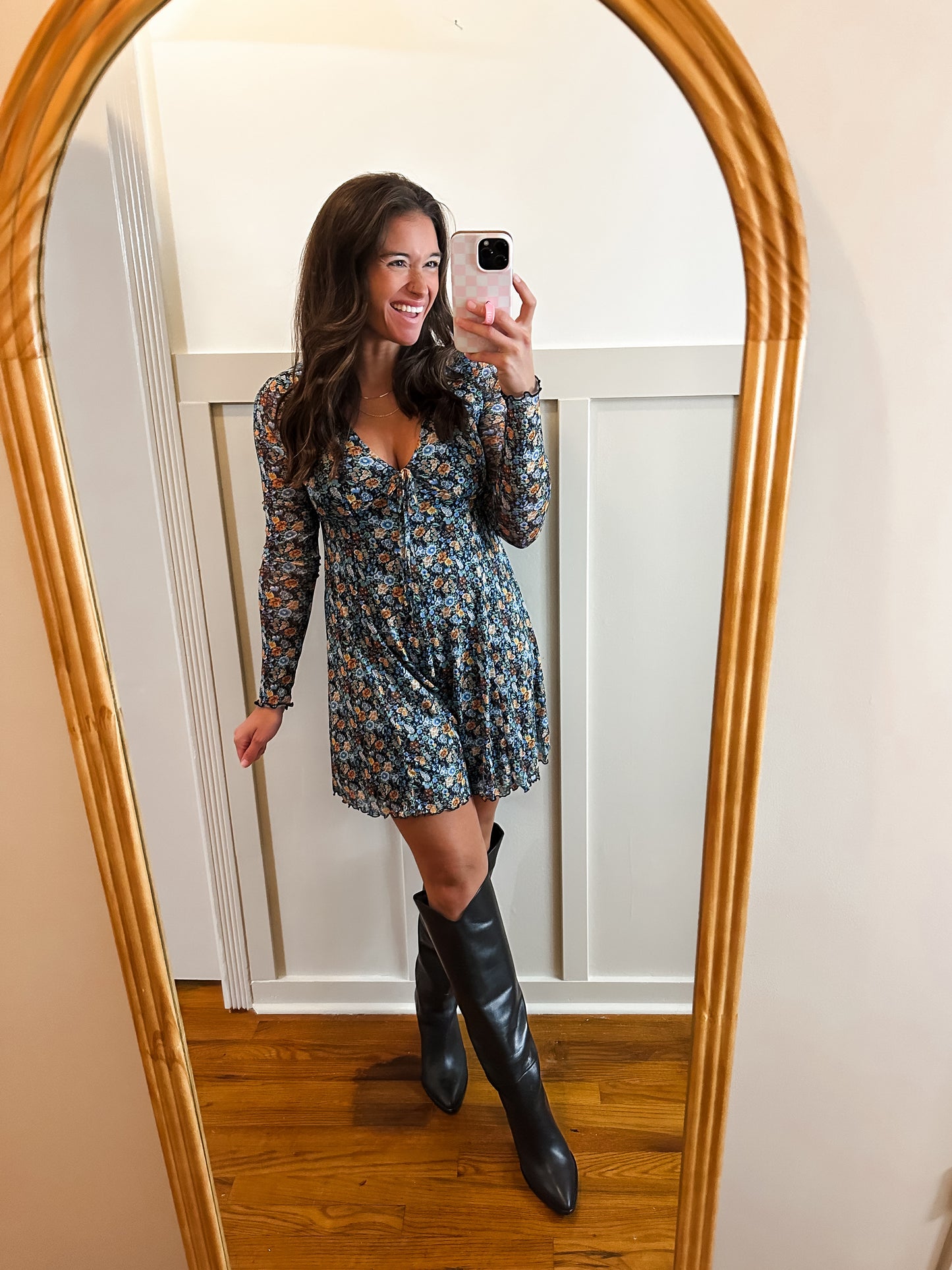 Clara Floral-Print Mesh V-Neck Long-Sleeve Romper