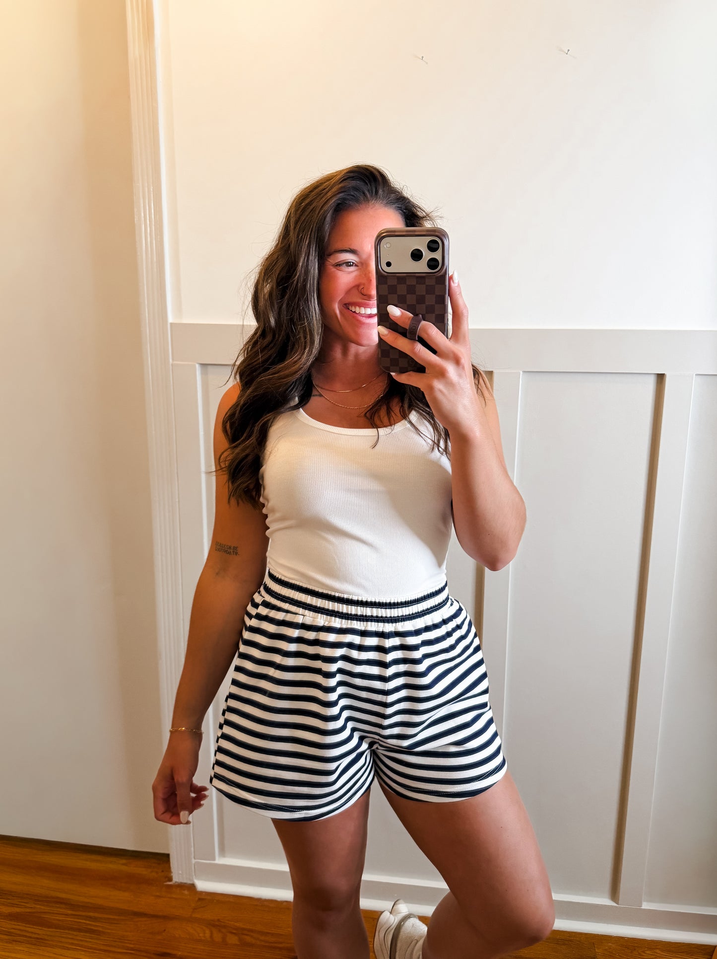 Navy and White Striped Knit Shorts