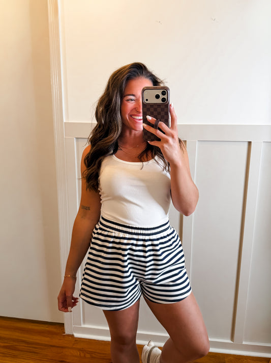 Navy and White Striped Knit Shorts