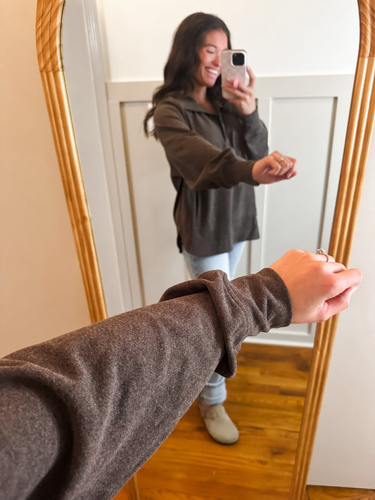 Chocolate Brushed Rib Button Down Pullover