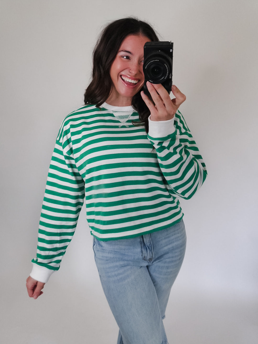 Green & White Contrast Striped Relax Knit top