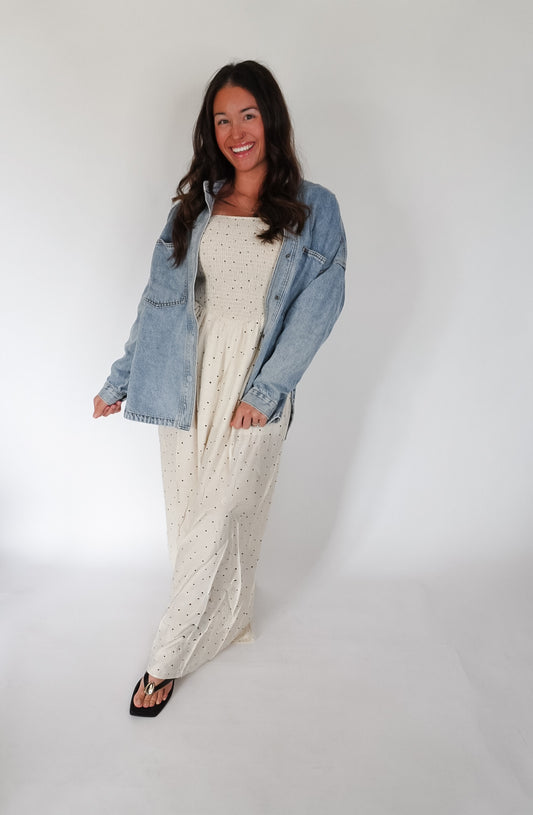 Oatmeal Polka Dot-Print Smocked Wide-Leg Jumpsuit