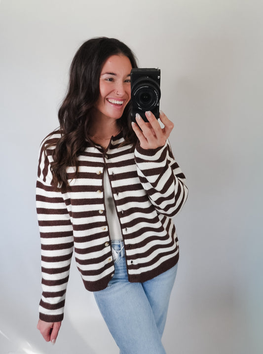 Brown and White Striped Round Neck Cardigan