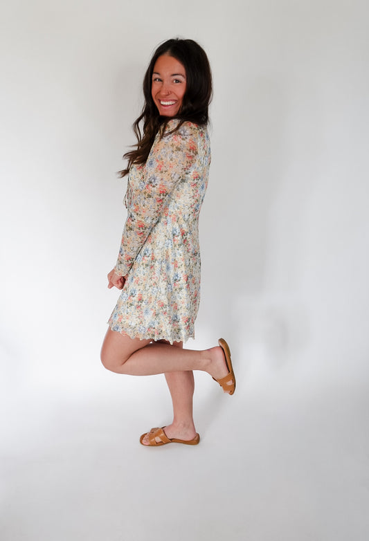 Elle Floral Print Mesh Long-m Sleeve V-Neck Romper