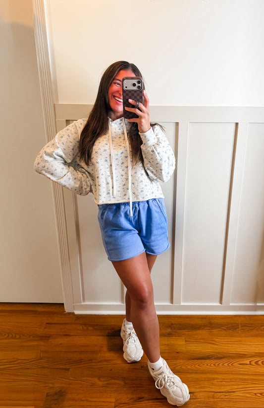 Gray Floral Print Lounge Crop Hoodie