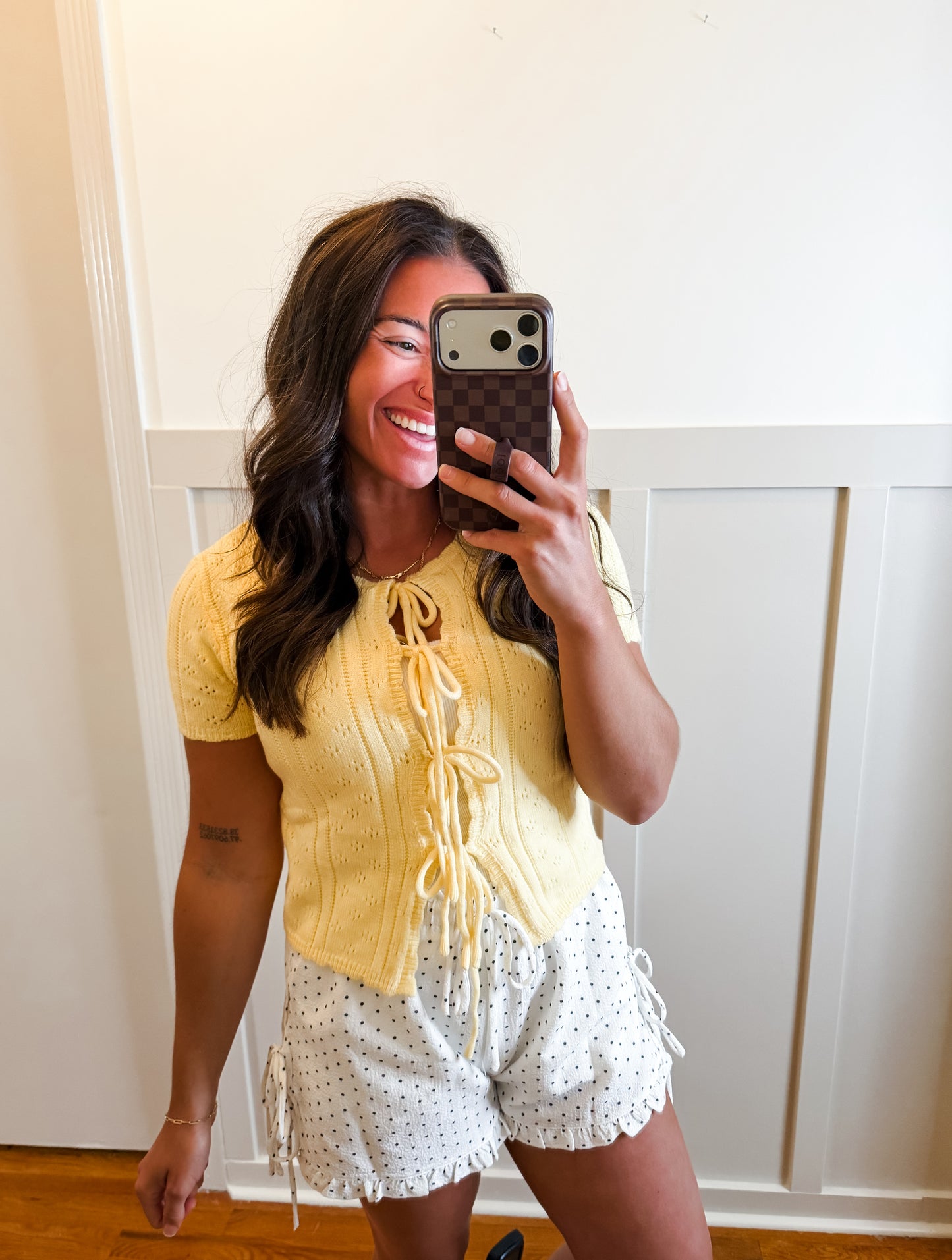 Butter Yellow Scalloped Tie-Front Pointelle Knit Top
