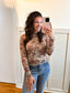 Cream Floral Mesh Long-Sleeve Mock Neck Top