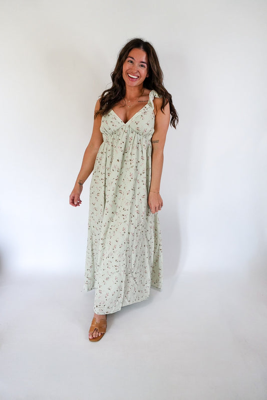 Sage Ruffle Sleeve Maxi Dress