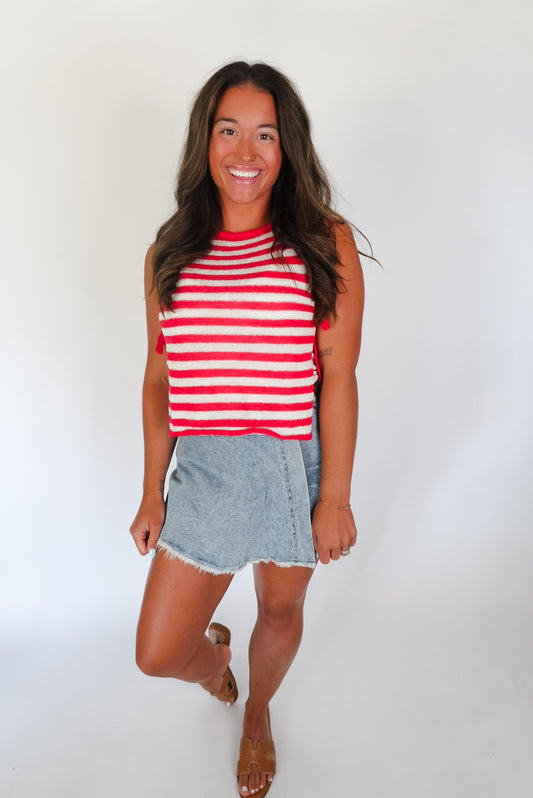 Red & White Side Tie Knit Top