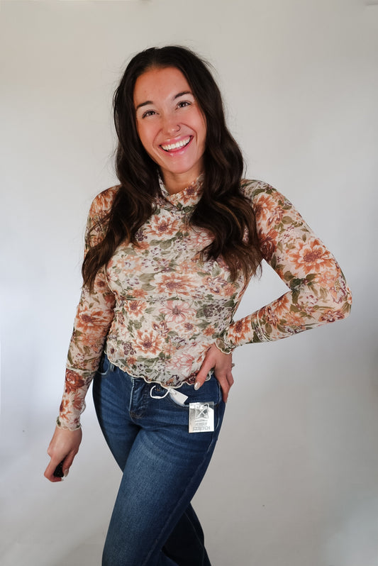 Floral Mesh Lettuce-Edge Thumbhole High-Neck Top