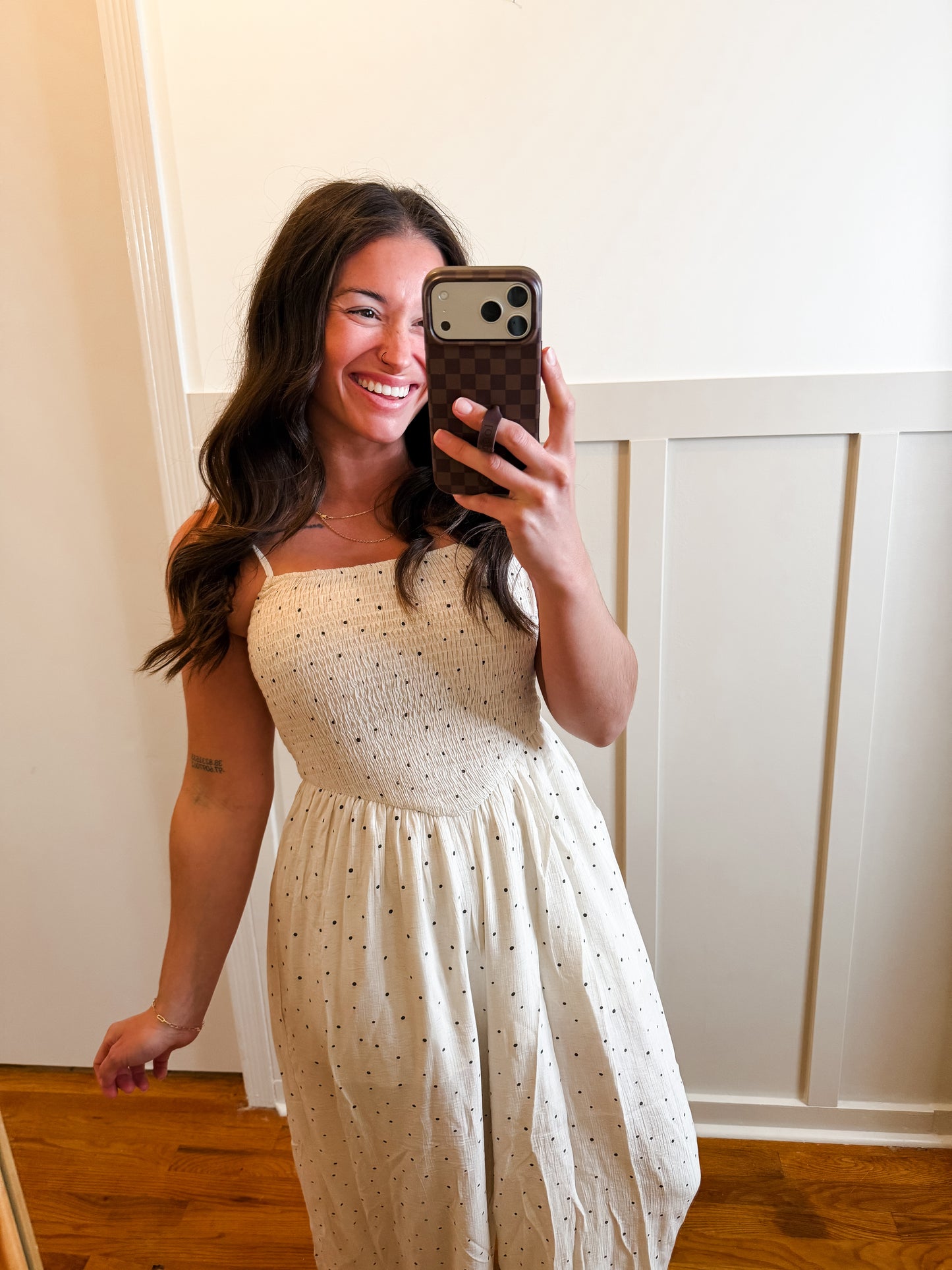 Oatmeal Polka Dot-Print Smocked Wide-Leg Jumpsuit