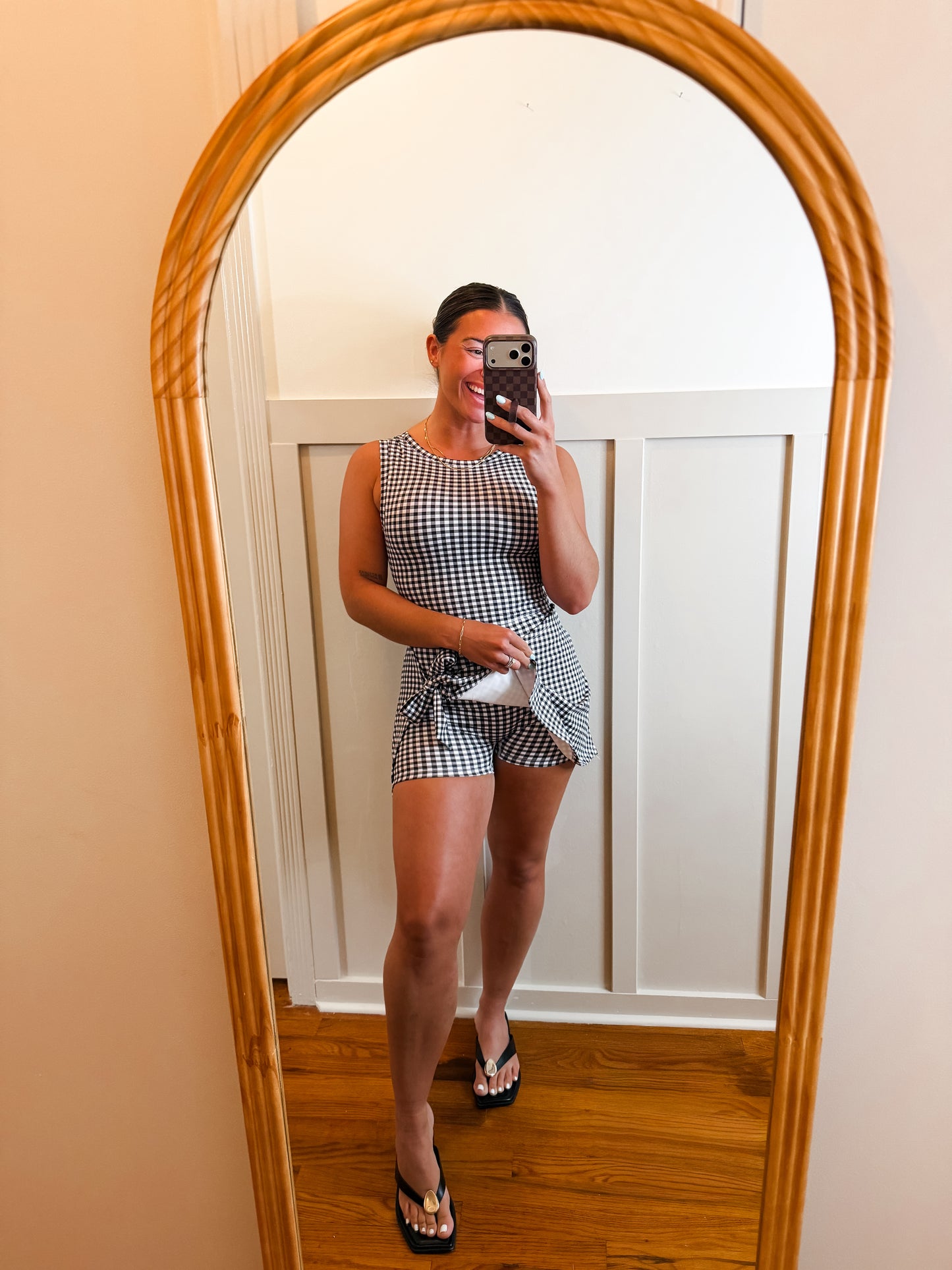 Black Gingham Print Wrap Tie Front Dress