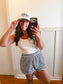 Navy and White Striped Knit Shorts