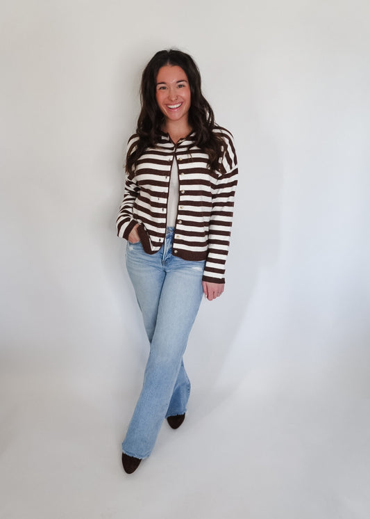 Brown and White Striped Round Neck Cardigan