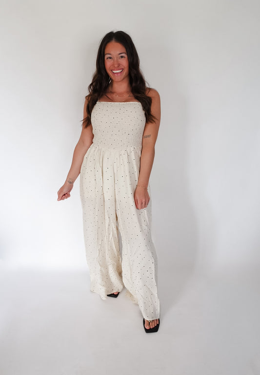 Oatmeal Polka Dot-Print Smocked Wide-Leg Jumpsuit