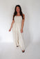 Oatmeal Polka Dot-Print Smocked Wide-Leg Jumpsuit
