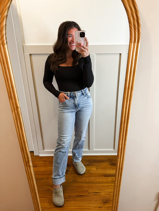 Risen Light Wash Tummy Control High Rise Straight Rolled Jean