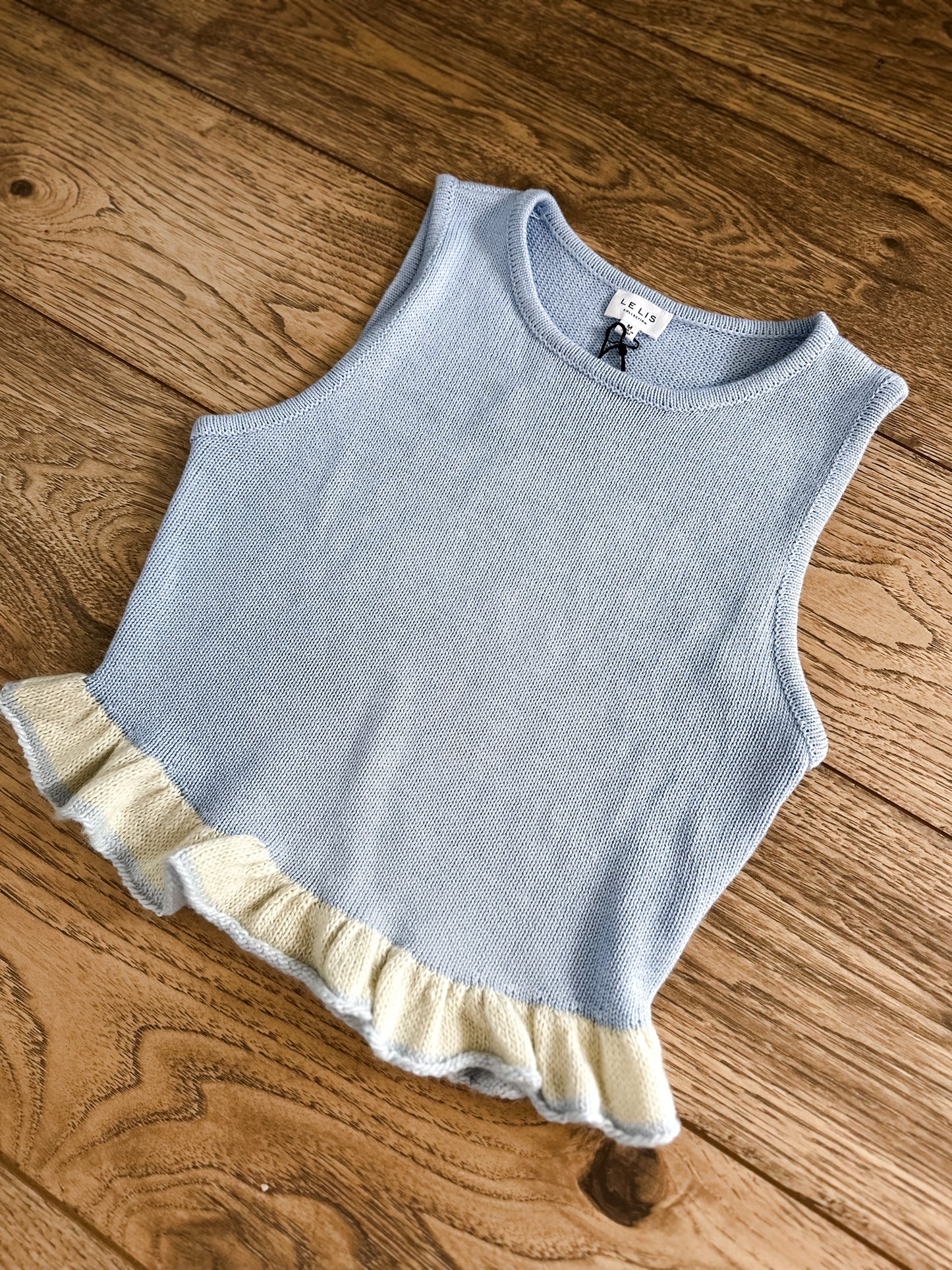 Blue Ruffled Hem Sleeveless Sweater