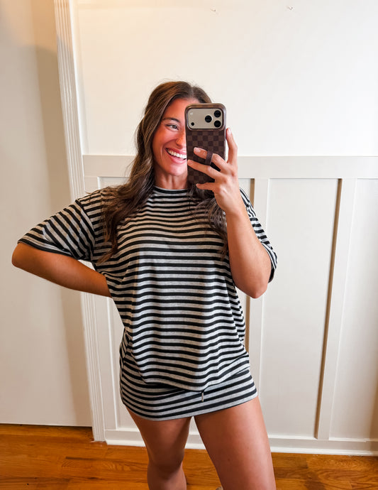 Black & Heather Gray Short Sleeve Stripe Oversized Tee