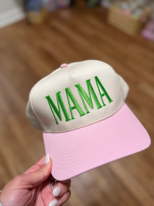 MAMA Pink & Green Vintage Embroidered Trucker Hat