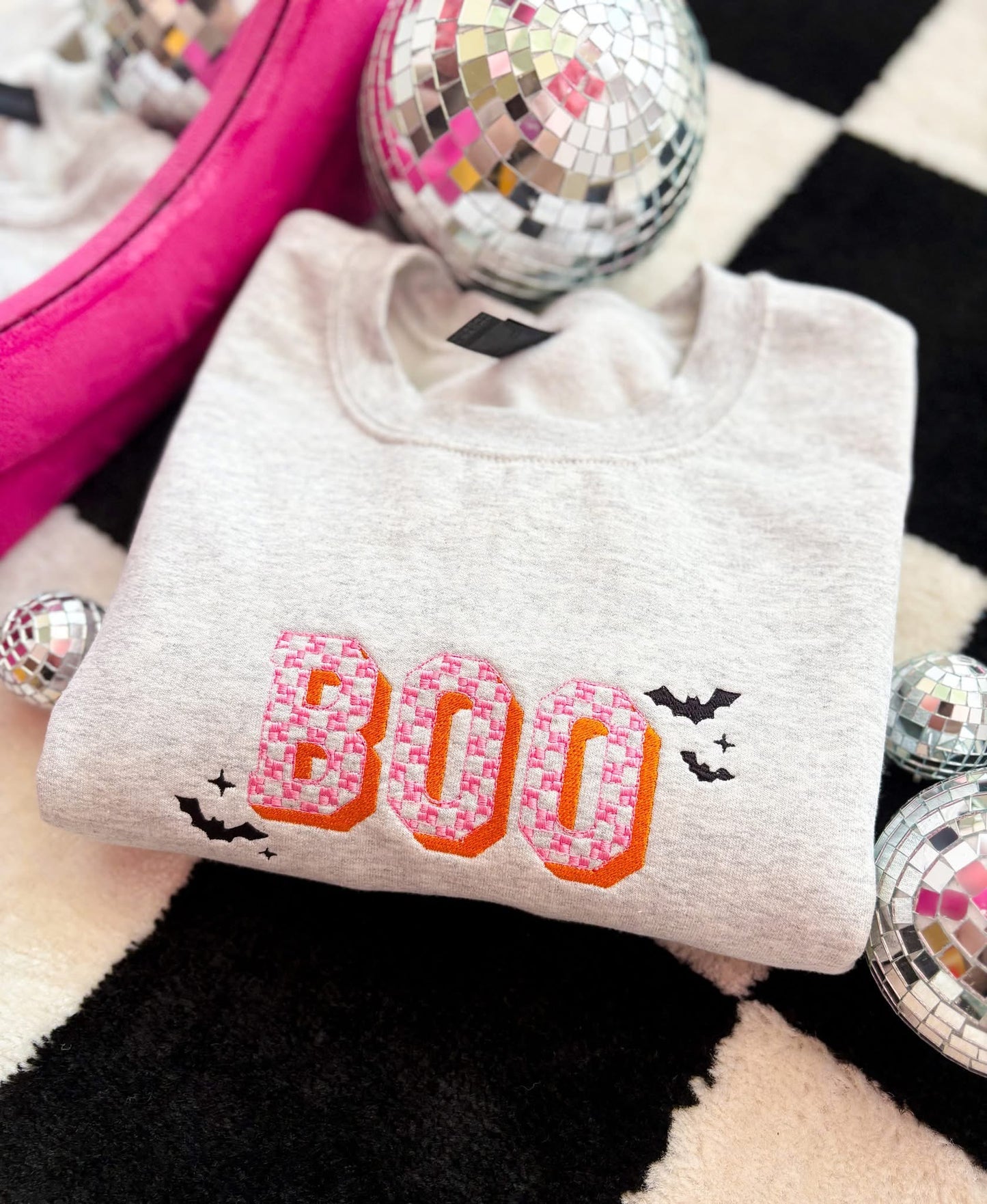 Boo Checkered Embroidered Crewneck