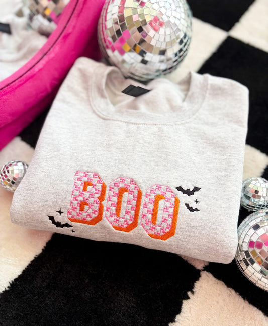 Boo Checkered Embroidered Crewneck