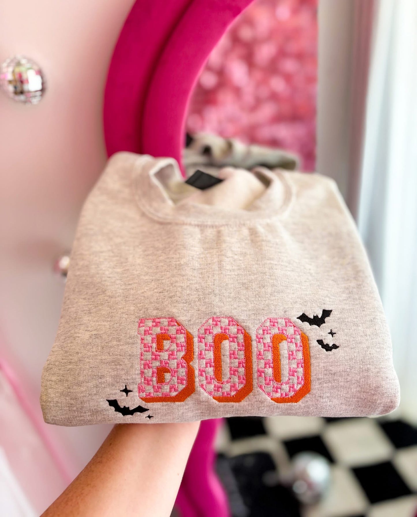 Boo Checkered Embroidered Crewneck