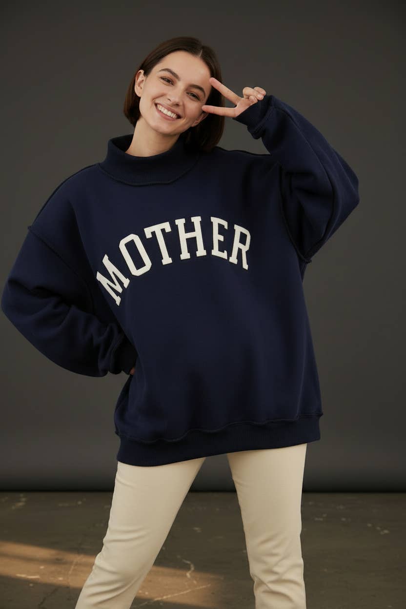 Navy 'MOTHER' Embroidered Mock Neck Sweatshirt