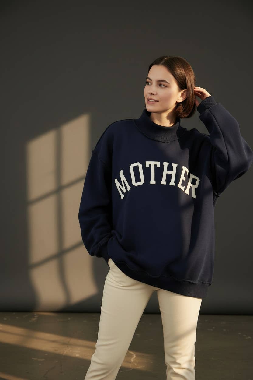 Navy 'MOTHER' Embroidered Mock Neck Sweatshirt